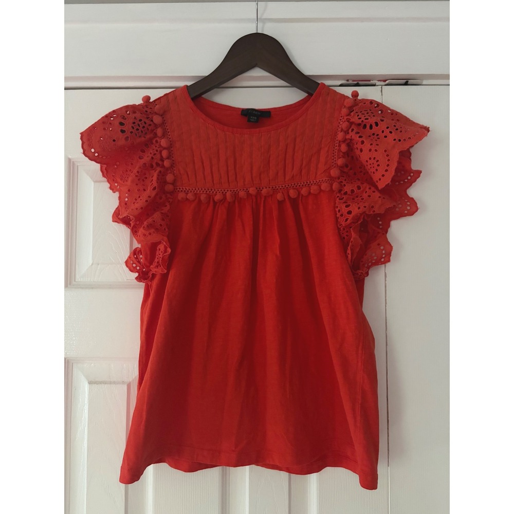 J.Crew Womens XXS Red Eyelet Flutter Sleeve Pom Pom Trim Slub Cotton Top